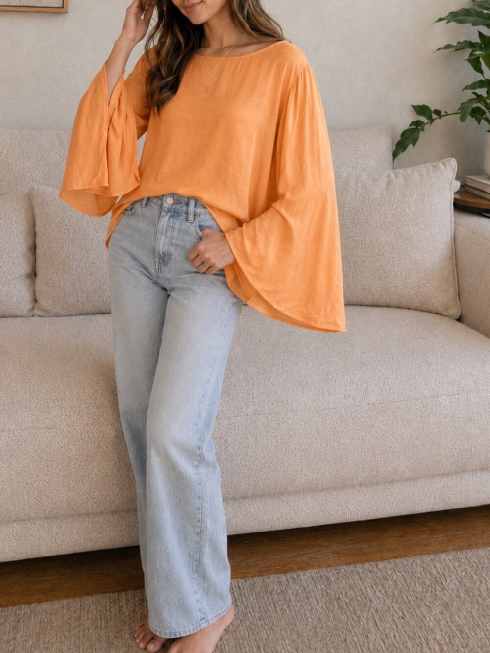 Velvet By Graham & Spencer Orange Bell Sleeve Blouse Size S Made In USA